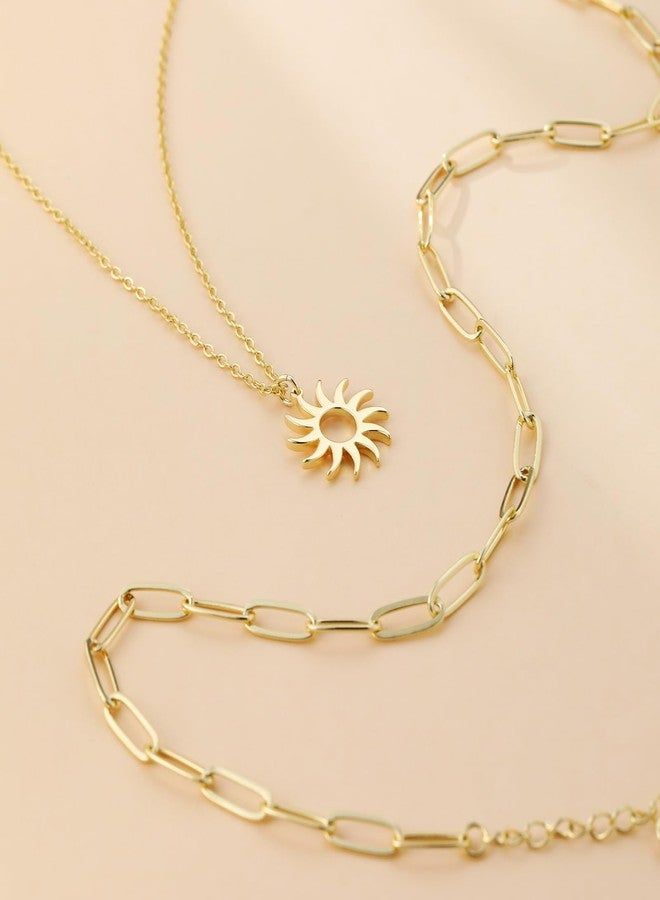 MFRYK Gold Necklaces Stack, 14K Gold Plated Simple Layered Choker Necklaces, Gold Stackable Multilayer Sun Pendant Cable Chain Paperclip Chain Layering Necklaces Set - Image 5